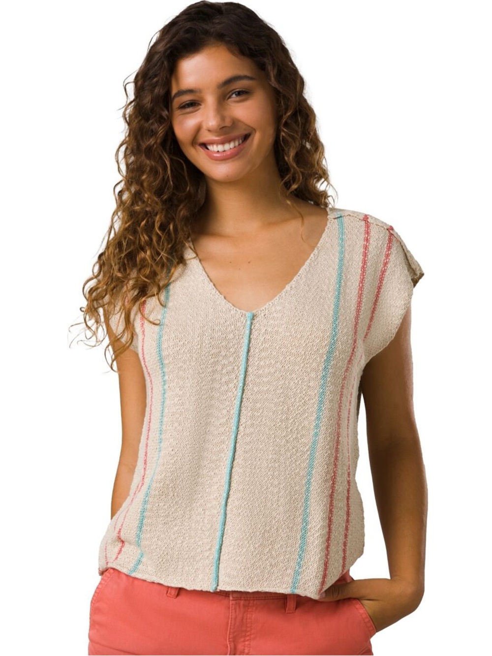 prAna Wave Maker Sweater Top Women’s Medium Organic Cotton Striped V-Neck
